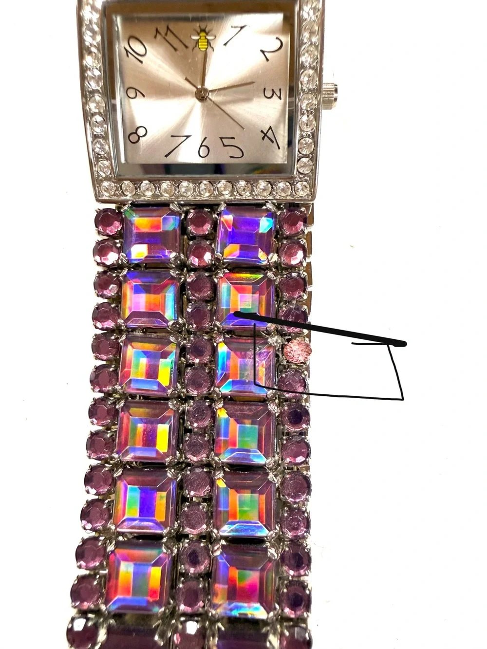 Vintage Oui Art Bee Watch Purple AB Iridescent Crystal Rhinestone Stretch Cuff
